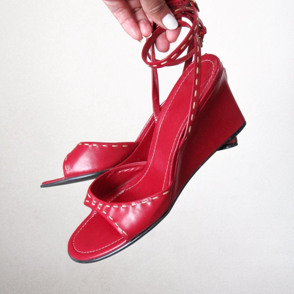 FRANCO SARTO Red Ankle Strap Wedge Heels Open Toe Sandals Sexy Chic Pair! - Picture 2 of 13